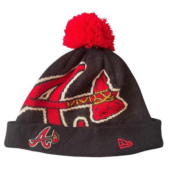 Atlanta Braves Baseball "A" Knit Stocking Pom Pom Navy/Red Beenie Hat Sz Small - Picture 2 of 3
